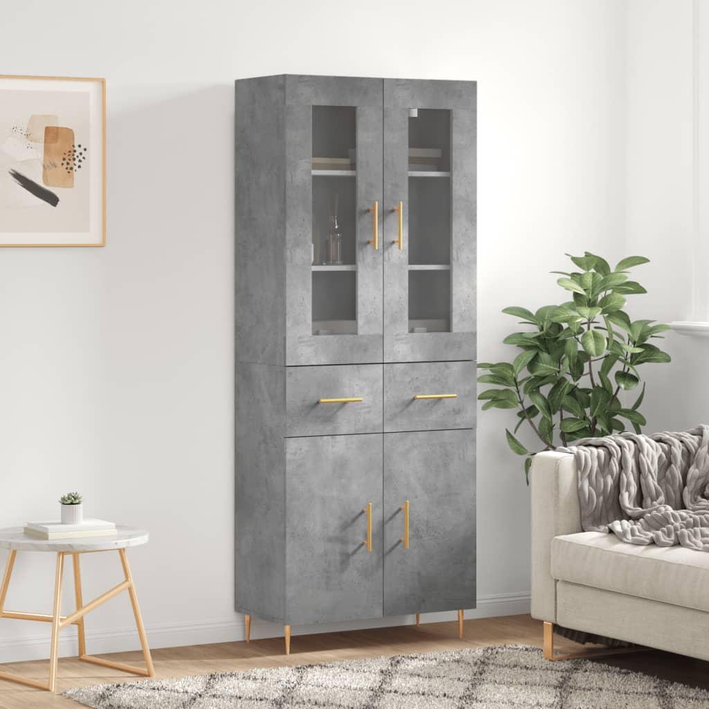 Højskab 69,5X34X180 Cm Konstrueret Træ - Betongrå / 2 låger og 2 skuffer