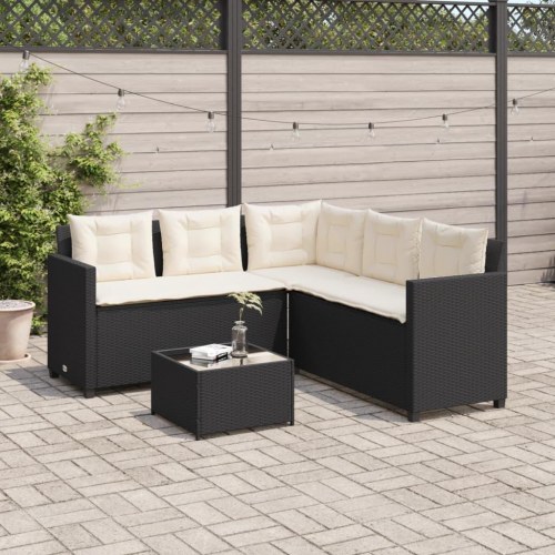 Havesofa med bord og hynder L-formet polyrattan sort