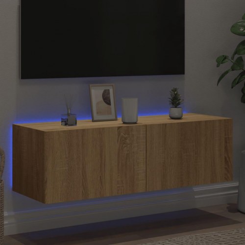 Væghængt tv-bord med LED-lys 100 x 35 x 31 cm - sonoma-eg