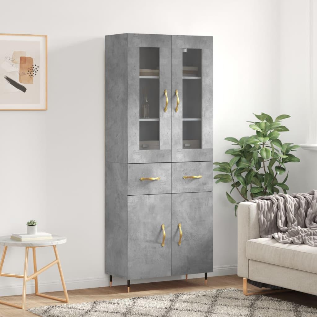 Højskab 69,5X34X180 Cm Konstrueret Træ - Betongrå / 2 låger og 2 skuffer