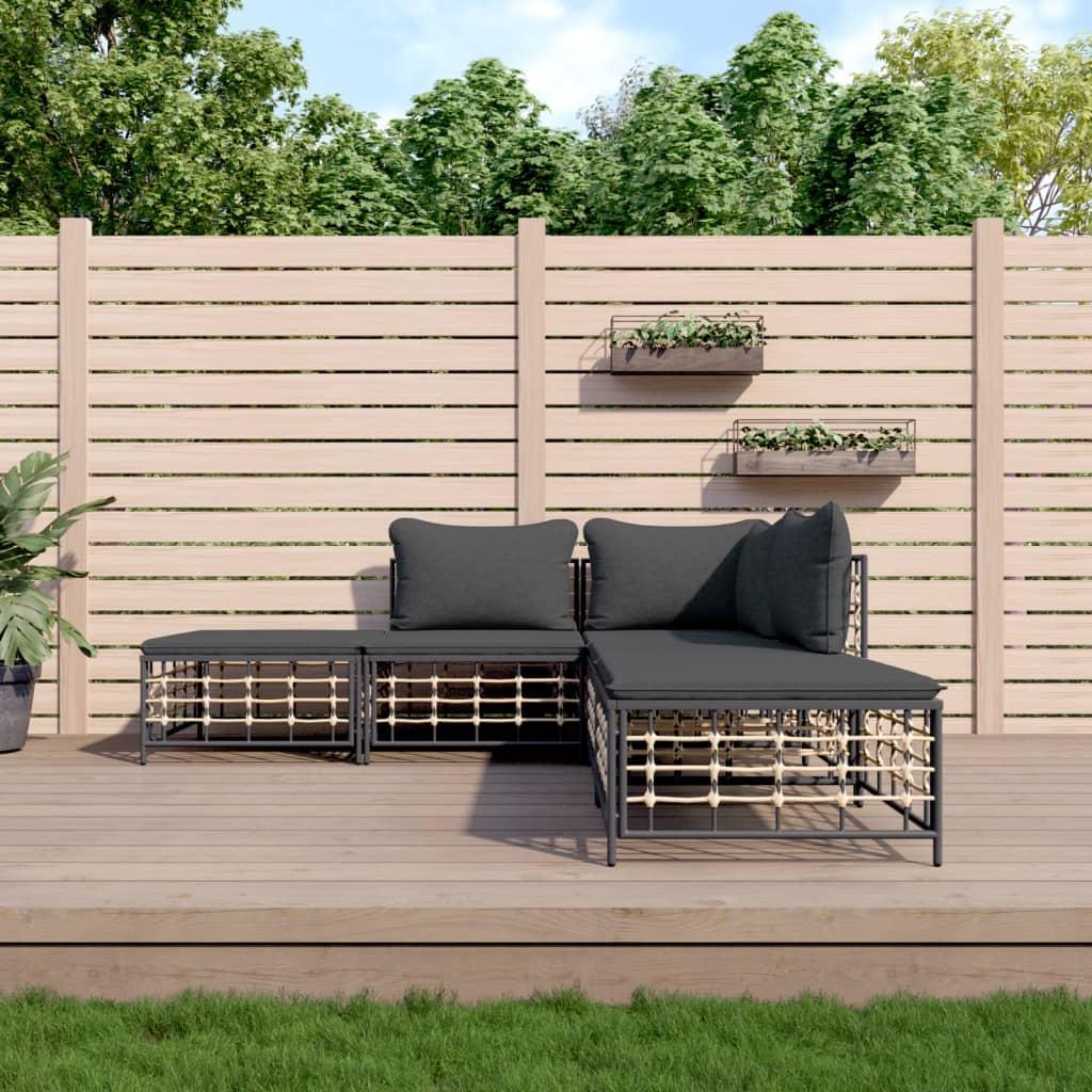 Loungesæt Til Haven 4 Dele Med Hynder Polyrattan Antracitgrå - Mørkegrå / Hjørnedel 2x midterdel 2x fodskammel