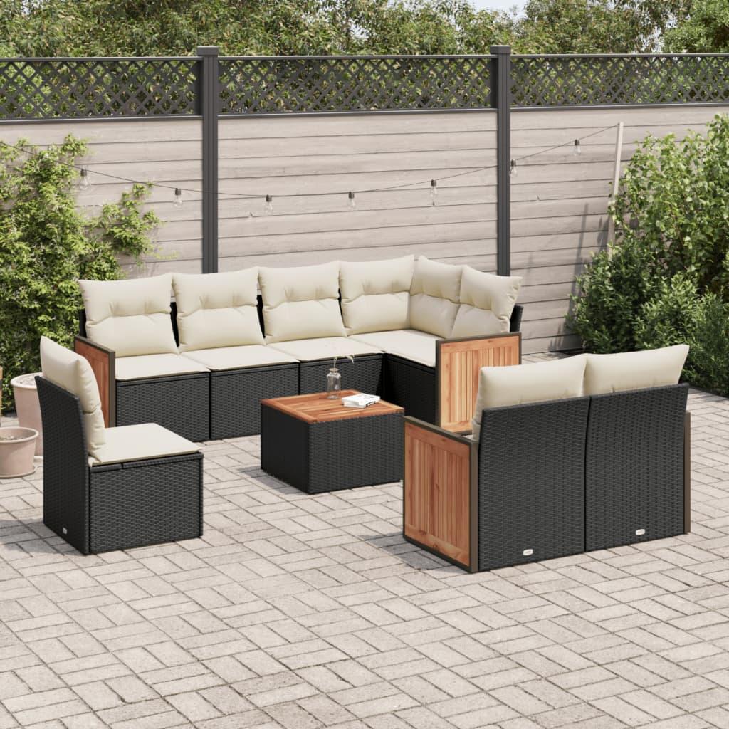 Sofasæt til haven - 9 dele med hynder i sort polyrattan