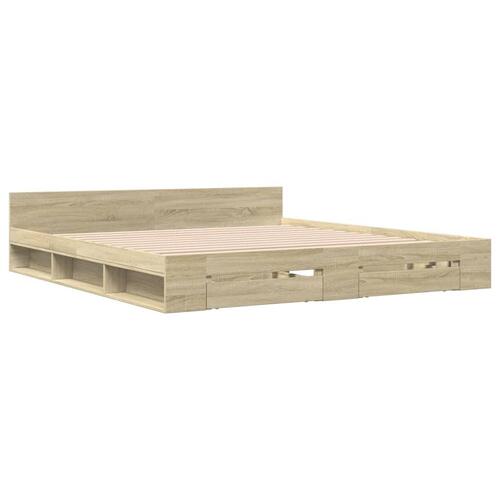 Sengeramme med skuffer 200x200 cm konstrueret træ sonoma-eg