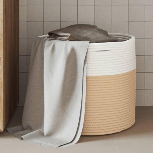 Opbevaringskurv i bomuldsreb Ø40 x 35 cm - beige og hvid