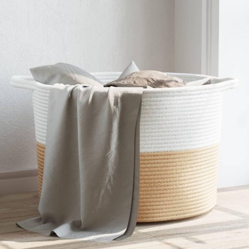 Vasketøjskurv Ø55 × 36 cm i bomuldsreb - beige/hvid