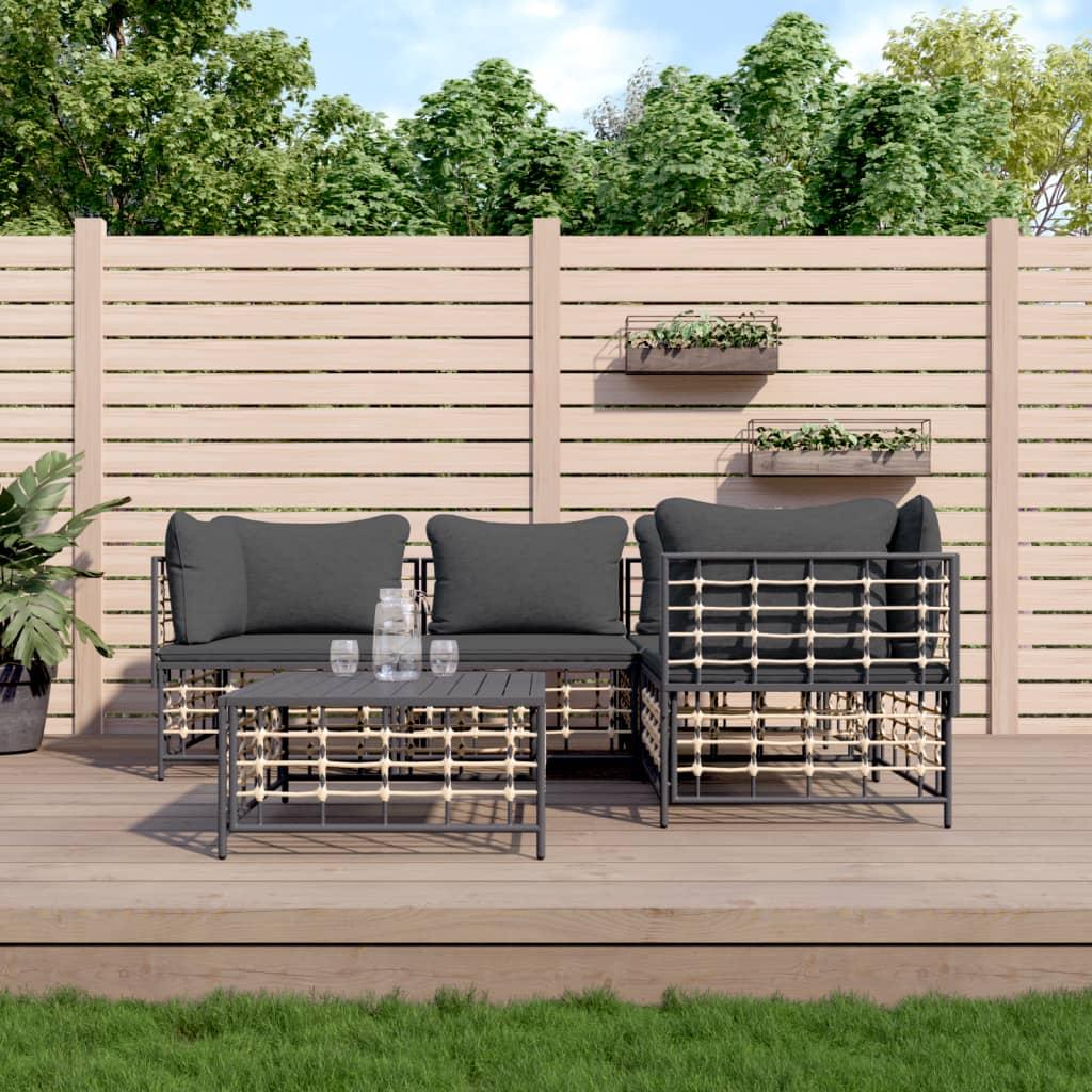 Loungesæt Til Haven 4 Dele Med Hynder Polyrattan Antracitgrå - Mørkegrå / 3x hjørnedel midterdel bord