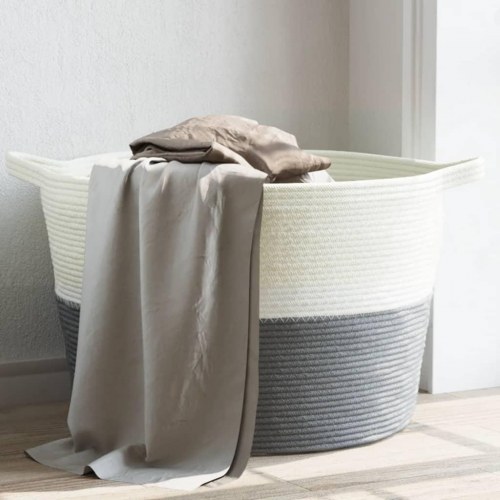 Vasketøjskurv Ø60 × 36 cm i bomuldsreb - grå/hvid
