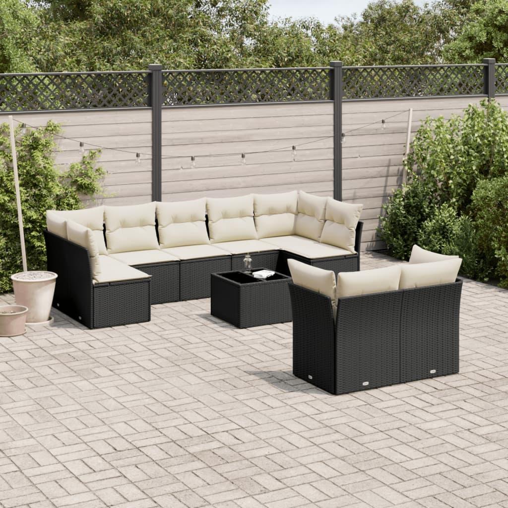 Sofasæt Til Haven 9 Dele Med Hynder Polyrattan - Sort og cremefarvet / Med bord