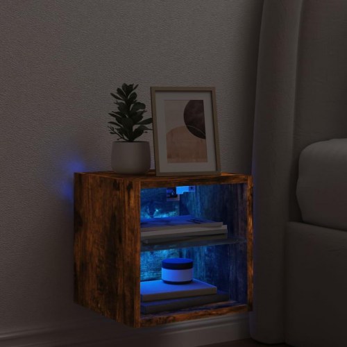 Væghængt tv-bord med LED-lys 30×28,5×30 cm - røget egetræsfarve