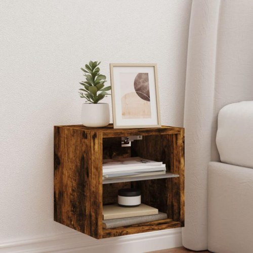 Væghængt tv-bord med LED-lys 30×28,5×30 cm - røget egetræsfarve