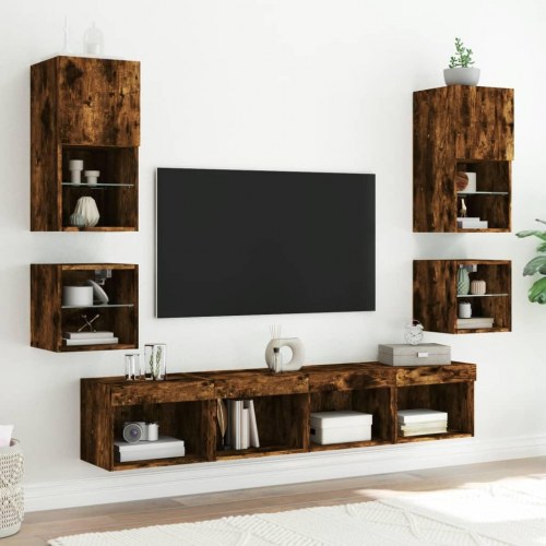 Væghængt tv-bord med LED-lys 30×28,5×30 cm - røget egetræsfarve