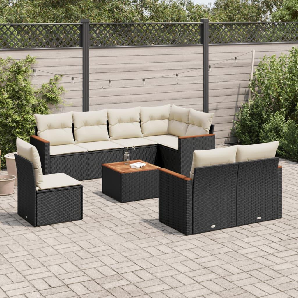 Sofasæt til haven - 9 dele i sort polyrattan med hynder og bord