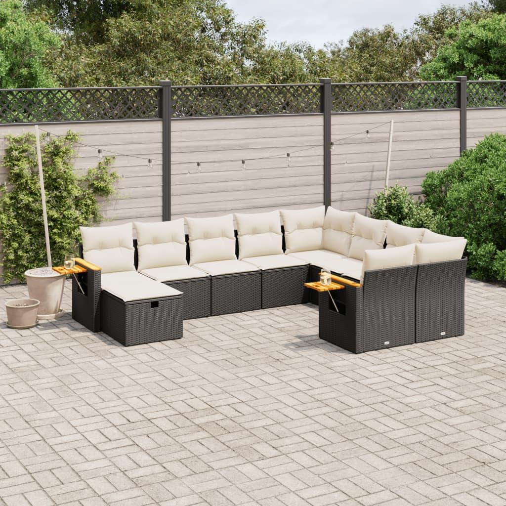 Sofasæt til haven i polyrattan - 10 dele med hynder, sort