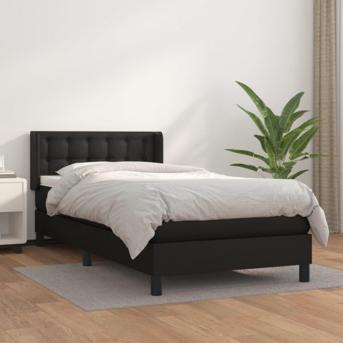Kontinentalseng 90x200 cm i sort kunstlæder med madras og topmadras