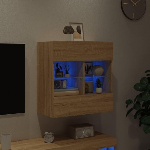 Væghængt tv-bord med LED-lys 58,5 x 30 x 60,5 cm - sonoma-eg