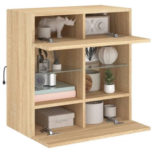 Væghængt tv-bord med LED-lys 58,5 x 30 x 60,5 cm - sonoma-eg