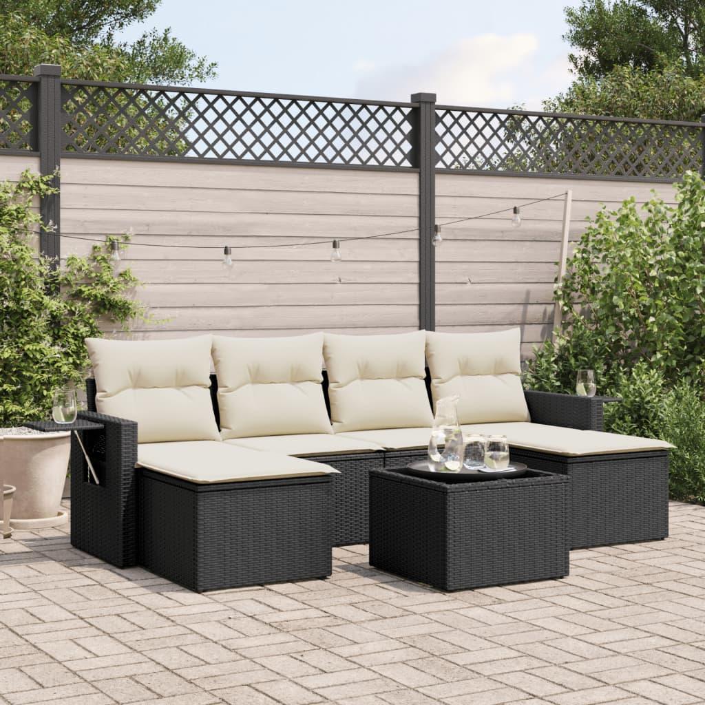 Sofasæt Til Haven 6 Dele Med Hynder Polyrattan - Sort og cremefarvet / Med bord