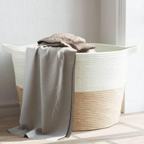 Vasketøjskurv Ø60 × 36 cm i bomuldsreb - beige/hvid