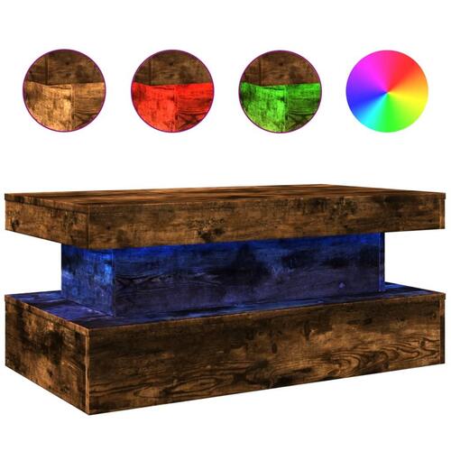 Sofabord med LED-lys 90x50x40 cm røget egetræsfarve