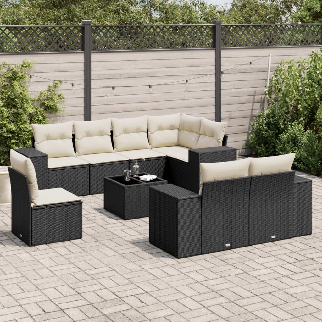 Sofasæt til haven i polyrattan - 9 dele med hynder, sort