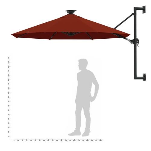 Væghængt parasol med LED-lys metalstang 300 cm terrakotta