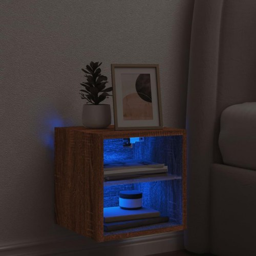Væghængt tv-bord med LED-lys 30×28,5×30 cm - brun egetræsfarve