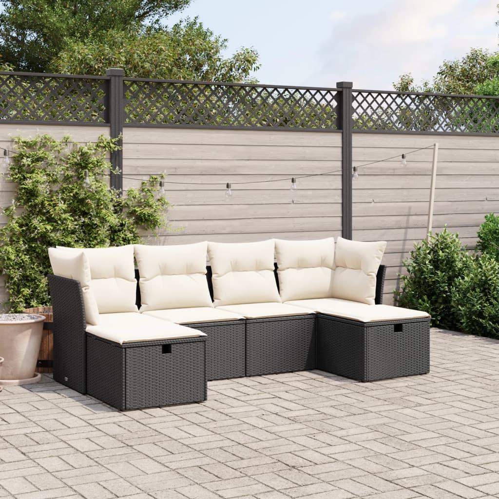 Sofasæt til haven - 6 dele i sort polyrattan med cremefarvede hynder