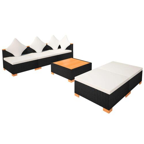 Haveloungesæt 6 dele med hynder polyrattan sort