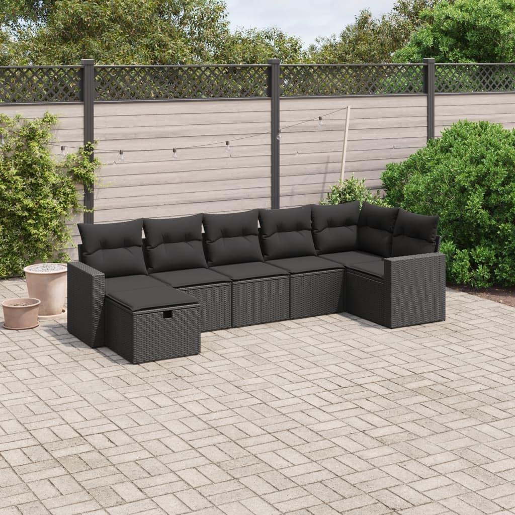 Sofasæt til haven i polyrattan - 7 dele med hynder, sort