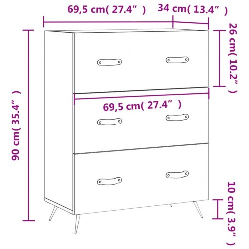 Kommode med 3 skuffer - konstrueret træ, hvid, 69,5×34×90 cm