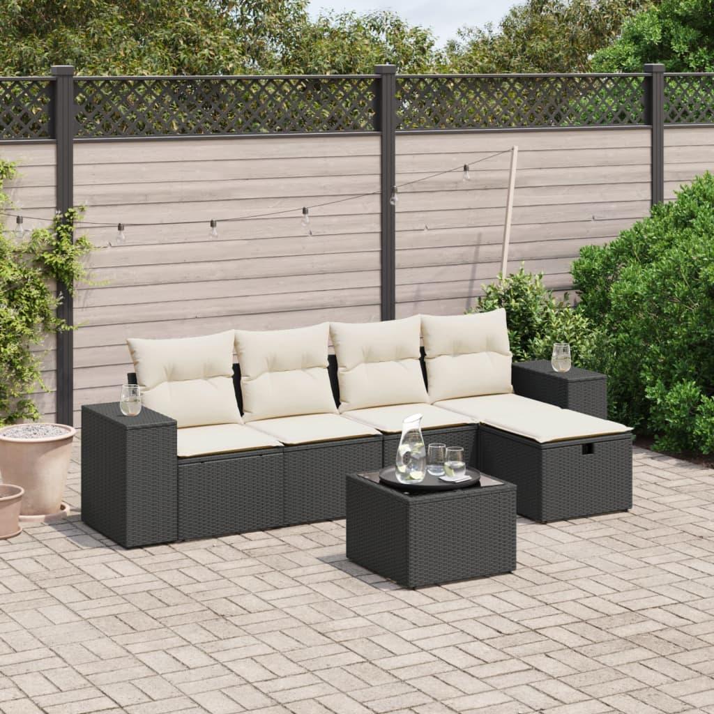 Sofasæt til haven i polyrattan - 6 dele, sort med hynder