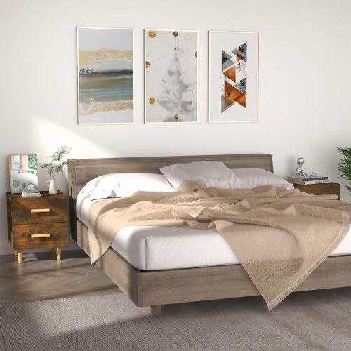 Sengeborde 2 stk. i røget egetræsfarve - 40×35×47,5 cm med skuffer