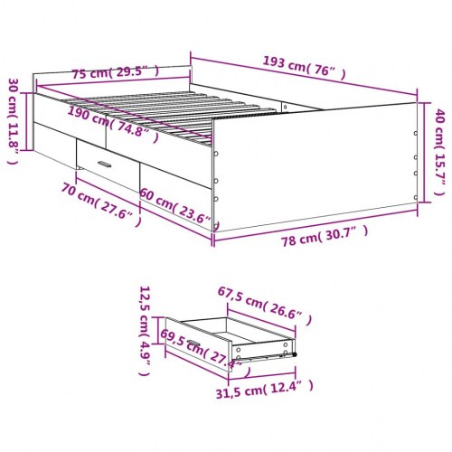 Sengeramme med skuffe 75 x 190 cm - betongrå