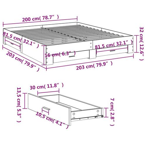 Sengeramme med skuffer 200x200 cm konstrueret træ betongrå