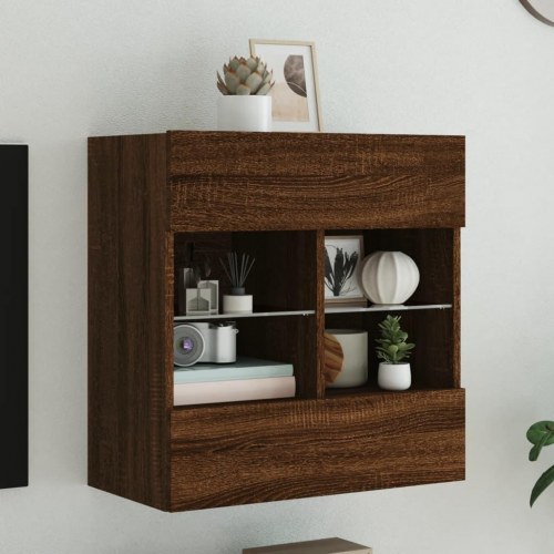 Væghængt tv-bord med LED-lys 58,5 x 30 x 60,5 cm - brun egetræsfarve