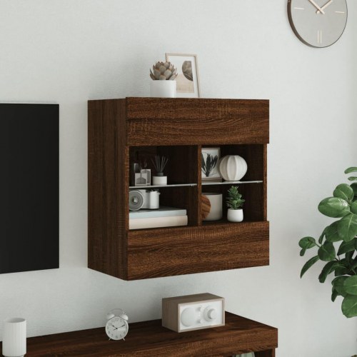 Væghængt tv-bord med LED-lys 58,5 x 30 x 60,5 cm - brun egetræsfarve