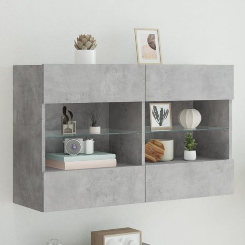 Væghængt TV-bord med LED-lys - betongrå, 98,5 x 30 x 60,5 cm