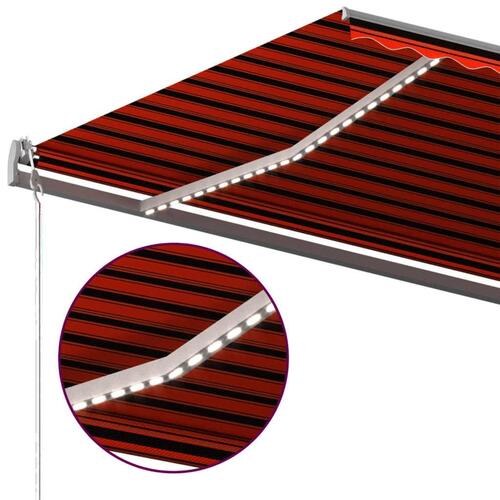 Markise m. LED-lys 500x300 cm manuel betjening orange og brun