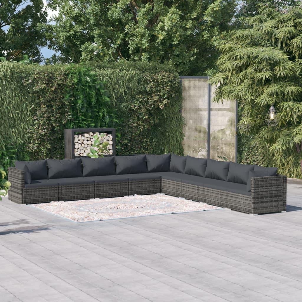 Loungesæt til haven i polyrattan - 9 dele med hynder, grå
