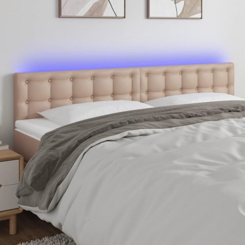 Sengegavl med LED-lys i kunstlæder - cappuccino, 160 cm