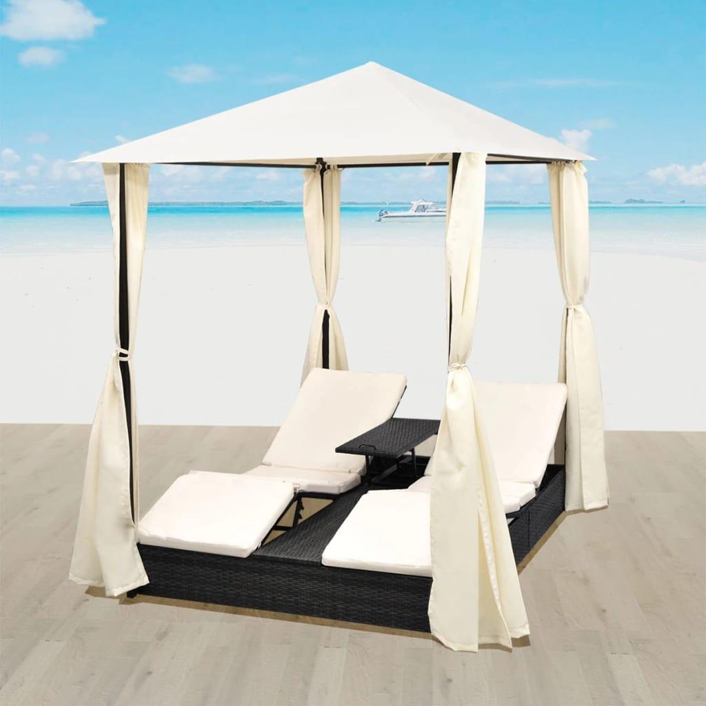 Dobbelt Solseng Med Gardin Polyrattan Sort