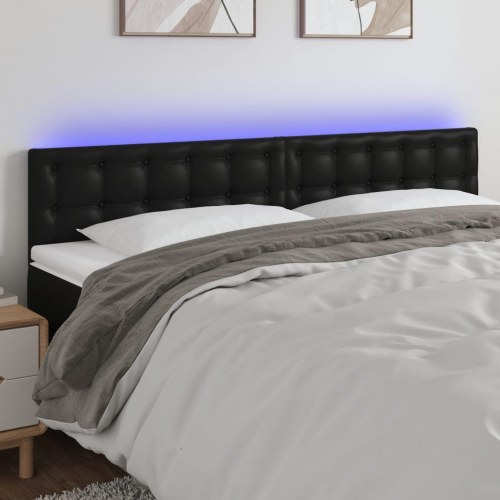 Sengegavl med LED-lys i kunstlæder - sort 200 x 5 x 78/88 cm