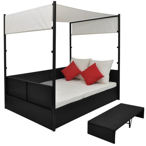 Solseng med baldakin sort 190 x 130 cm polyrattan