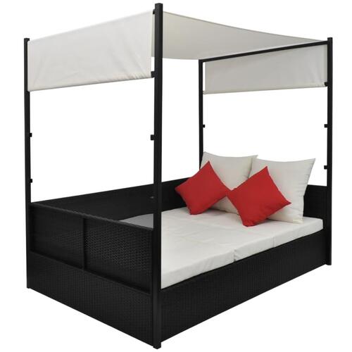 Solseng med baldakin sort 190 x 130 cm polyrattan