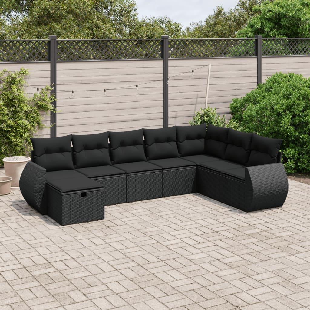 Sofasæt til haven i polyrattan - 8 dele med hynder, sort