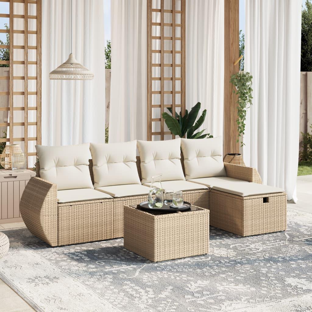 Sofasæt til haven 6 dele med hynder i polyrattan - beige