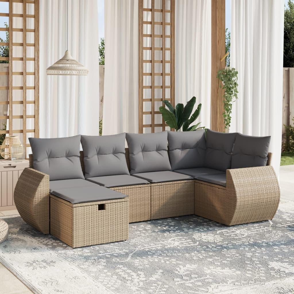 Havesofasæt 6 dele med hynder i polyrattan - beige og lysegrå