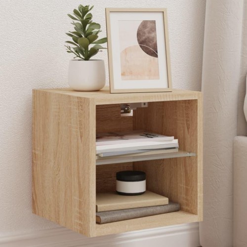 Væghængt tv-bord med LED-lys 30×28,5×30 cm - sonoma-eg