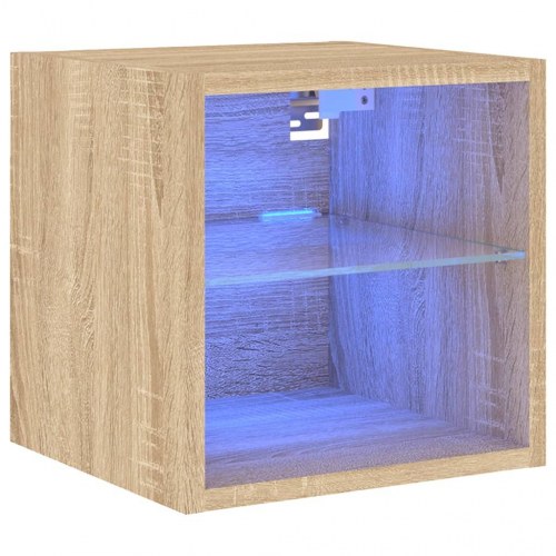 Væghængt tv-bord med LED-lys 30×28,5×30 cm - sonoma-eg