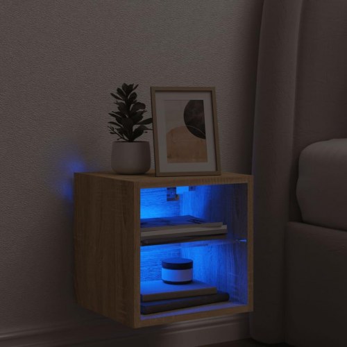 Væghængt tv-bord med LED-lys 30×28,5×30 cm - sonoma-eg
